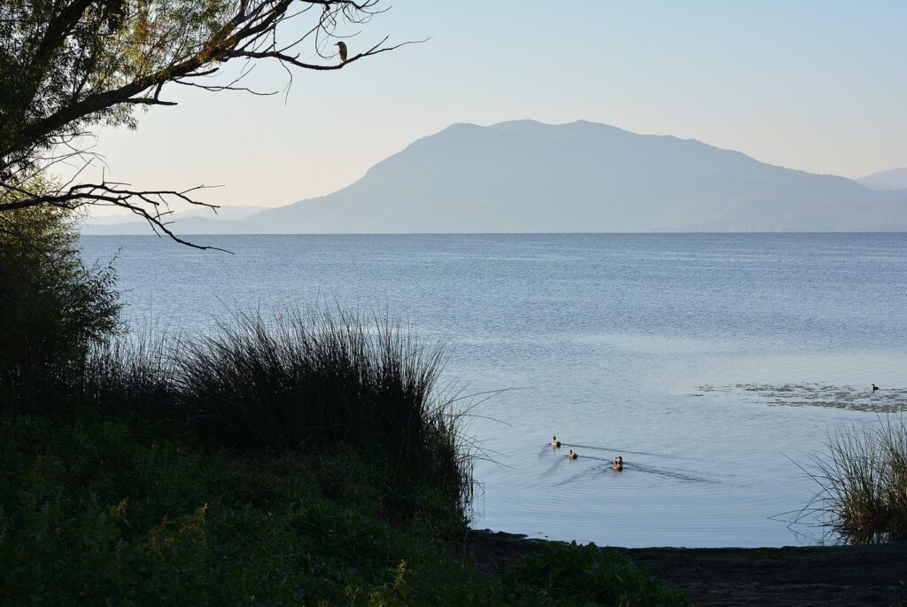 Clear Lake with Mount Konocti in the background, at dawn