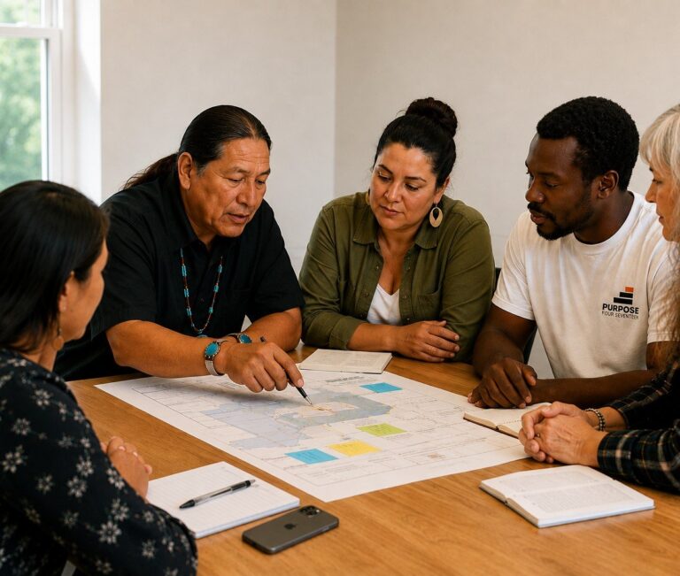 A diverse group, including a Tribal community leader and Purpose 417 team members, reviewing community plans together at a table